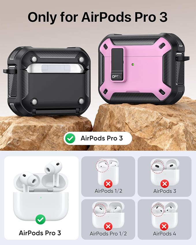 MoKo for AirPods Pro 3 Case with Lock 2025 - Compatible with MagSafe, Phone Stand & Auto Pop-up for AirPods Pro 3rd Generation Case, Military-Grade Protective Cover with Cleaner Kit. Pink+Black