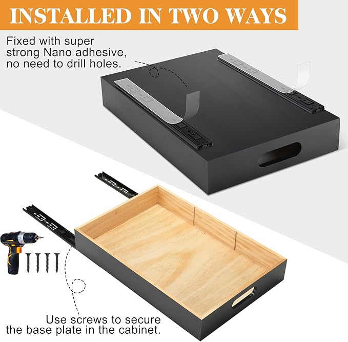 2 PCS Wood Pull Out Cabinet Organizers with Removable Dividers, 14''W x 21''D Nail-free Wood Sliding Drawers with Adhesive Tape, Roll Out Shelves for Kitchen, Pantry, Office (Black)