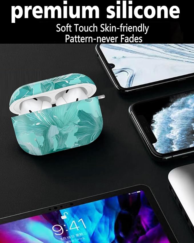 Cute Hard Case Compatible with AirPods Pro 2nd/1st Generation, Protective Cover with Golden Keychain, Fits 2023/2022/2019 Models, for Women, Girls, and Men(Cute Green Leaves)