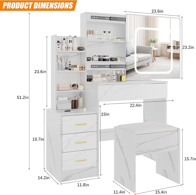 Vanity Desk with Sliding LED Mirror, Makeup Dressing Table with 4 Drawers, Storage Shelves, Power Outlet & Cushioned Stool, Adjustable 3 Lighting Modes, Modern Vanity Set for Bedroom, Marble White