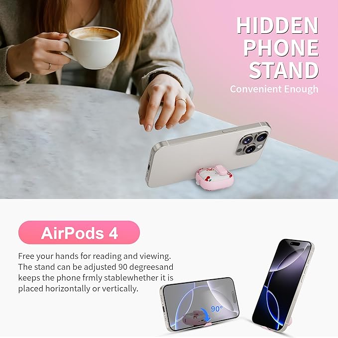 for AirPods 4 Case with Secure Lock Clip in Phone Stand,Floral Girly Style Protective Cover with Cleaning Kit and Hand Strap for Apple AirPod 4 Generation (Pink Bow)