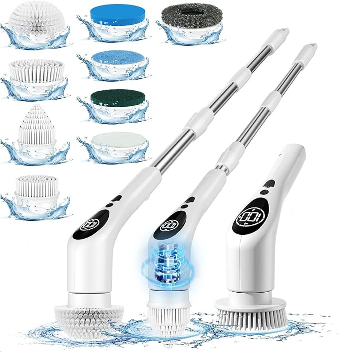 CenGoes Electric Spin Scrubber Cordless Cleaning Brush Shower Cleaning Brush with 9 Replaceable Brush Heads Long Handle Shower Cleaner Brush for Bathroom, White, TD-8136
