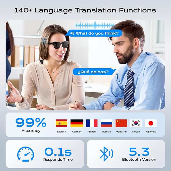 AI Smart Glasses,HD 1080P Camera Glasses with Video Recording & Photo Taking,140+ Language Real-Time Translation Glasses Perfect for Travel, Business