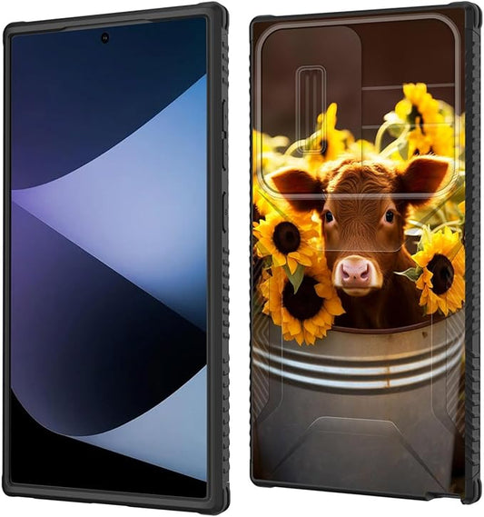 for Galaxy S26 Ultra Case Built in Slide Camera Lens Cover,Heavy Duty Shockproof Protection Dual Layer Case for Samsung Galaxy S26 Ultra 6.9" 2026,Cow with Sunflowers