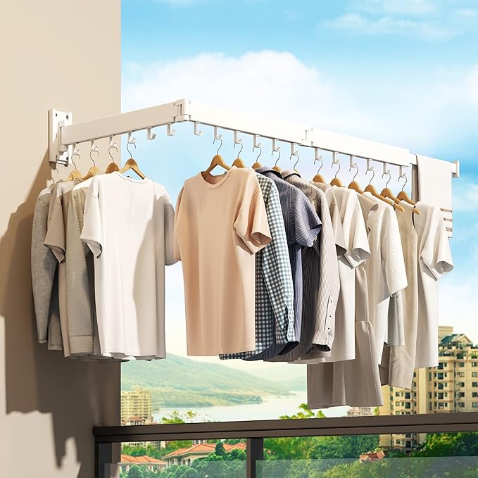 Clothes Drying Rack,Laundry Drying rack,Wall Mounted Clothes Rack,Clothes Hanging Rack,Laundry Rack Wall Mount,Folding Retractable Collapsible Drying Rack Clothing (Three-Poles,J Hooks,White)