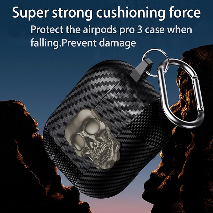 for Hard AirPods Pro 3 Case 2025|Funny 3D Skull Air Pods Pro 3 Case with Lock(Model A2700/A2931)|with Keychain|Halloween Cool Carbon Fiber Airpods 3 Pro Cases for Man Women(Sliver)