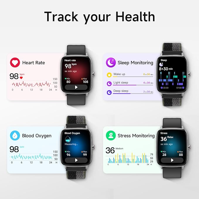 Smart Watch for Men Women, 1.85" HD Smartwatch Compatible iPhone/Samsung/Android (Answer/Make Calls), 100+ Sport Modes Fitness Tracker with Heart Rate/Sleep/SpO2 Monitor, IP68 Waterproof, with 2 Bands