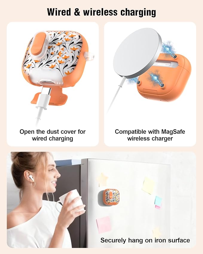 TATOFY for AirPods 4th Generation Case with Phone Stand Lanyard Lock Cleaning Kit, Compatible with Magsafe, Flowers Hard AirPod 4 Cover for Women (Orange, AirPods 4th)