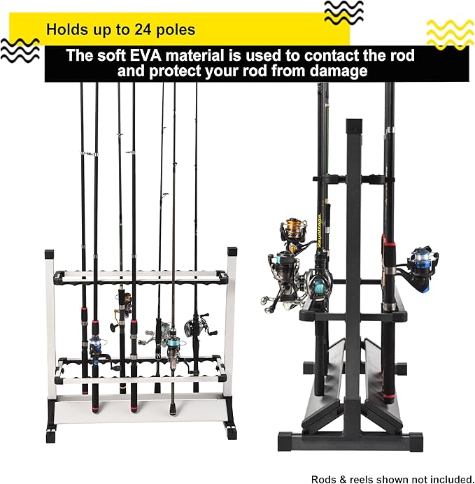 Fishing Rod Holders,Fishing Pole Holders,Fishing Rod Rack,24 Slots to Hold Rods & Reel Combo,Lightweight Aluminum Vertical Fish Pole Garage Storage with Wheels (Black)