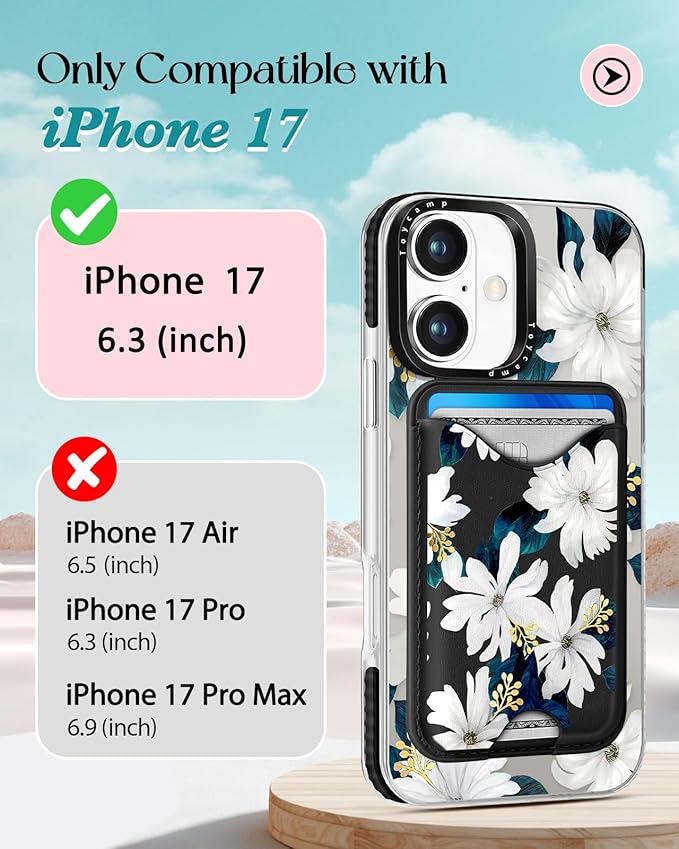 Toycamp for iPhone 17 Case - Compatible with Magsafe Credit Card Holder Wallet Magnetic Cute Women Teen Girls Kawaii Girly Unique White Flower Design Phone Cover for Apple 17 Air