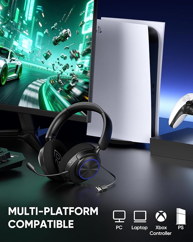INGA Wireless Gaming Headset for PS5, PS4, PC, Mac, Switch, Game/Chat Balance for PS5/4, 2.4GHz/Bluetooth 5.2, ENC Noise-Cancelling Mic, 7.1 Surround Sound, 3.5mm Wired for Xbox Controller (Blue LED)