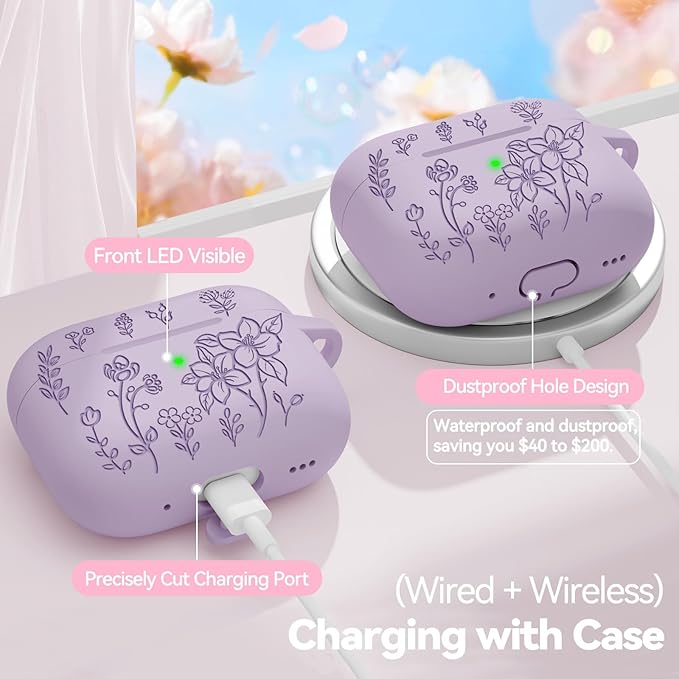 for Airpods Pro 3 Case, Flower Engraved Case Cover Compatible with AirPods Pro 3rd Generation 2025, Soft Silicone Cases with Cute Keychain & Cleaner for Women Girly, Shockproof