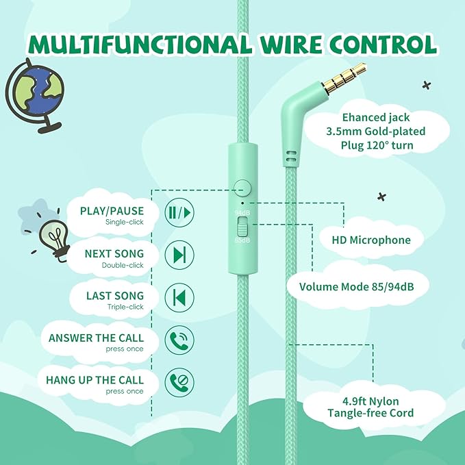 Kids Headphones Wired with Microphone, 85/94dB Volume Limit Headphones for Kids, Foldable 3.5mm Plug in Headphones Corded for Children/Toddler, School/Airplane Travel/Tablet/Kindle/Laptop, Green