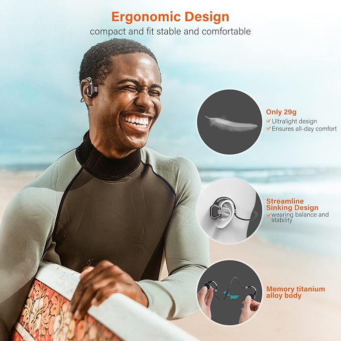 Bone Conduction Headphones Swimming Headphone - IP68 Waterproof Open Ear Headphones with MP3 Play 32G Memory Inductive Wireless Bluetooth Sports Headset for Running Swimming (Grey)
