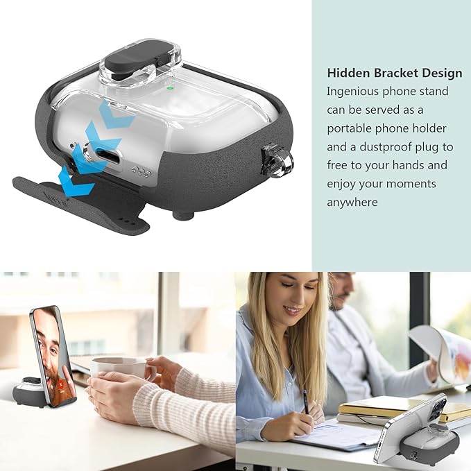 for Airpods Pro 3 Case Clear,Secure Lock for Airpods pro 3rd Generation Case Cover with Phone Stand and Magsafe Function,Auto Pop-up,Hybrid Protection with Carabiner&Cleaning Pen-Furry Grey