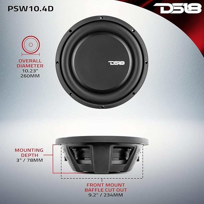 DS18 PSW10.4D 10" Shallow Mount Subwoofer 1000 Watts Max Power 500 Watts RMS Dual Voice Coil 4+4 OHMS Water Resistant - Best Sub for Tight Spaces in Car & Trucks - 1 Speaker