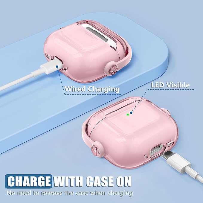 Safety Lock for Airpods 4 Case,TPU Clear Cases for Apple Air pods 4 Case with Cleaner Kit,Drop Protection Airpod 4 Cases Cover for Men for Women with Lock and Keychain,Clear Pink