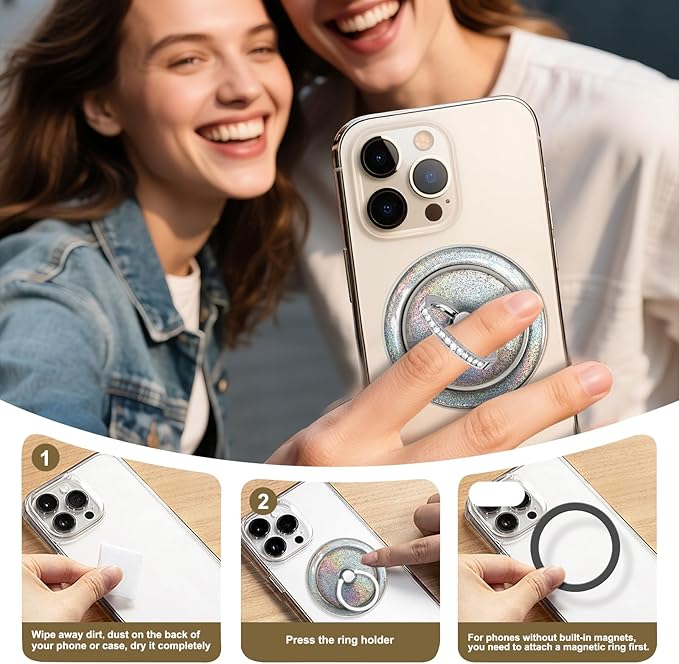 Transparent Magnetic Phone Grip Compatible with MagSafe Phone Ring Holder,360°Adjustable & Removable Silver Glitter Diamond Laser Design Magnet Stand for Phones and Tablets