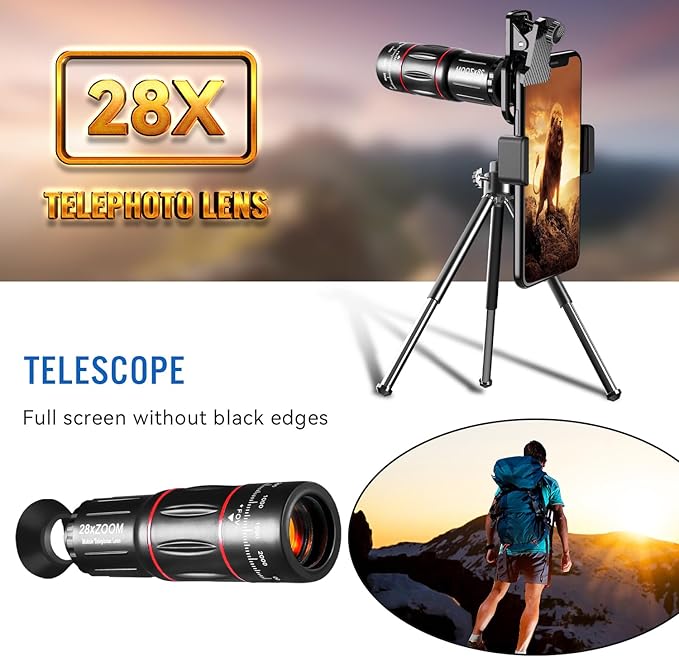 Cell Phone Camera Lens Kit Upgraded Version Telephoto 28X with Wide Angle 0.6X, Macro 20x, Fisheye 198°, Phone Lens Attachment Suitable for Most Smartphones (Black)