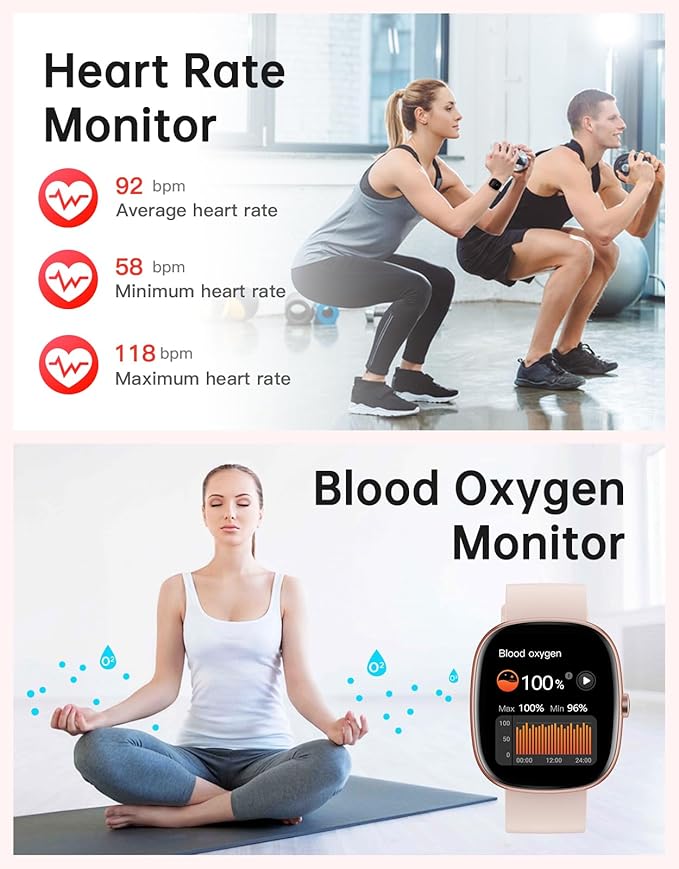 HUAKUA Smart Watches for Women Compatible with iPhone/Android Phones Answer/Make Calls, 1,85" HD Fitness Tracker with Heart Rate/Sleep Monitor Pedometer for Walking Running, Waterproof, Pink