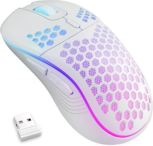 MELOGAGA Wireless Gaming Mouse RGB Rechargeable Lightweight Honeycomb White