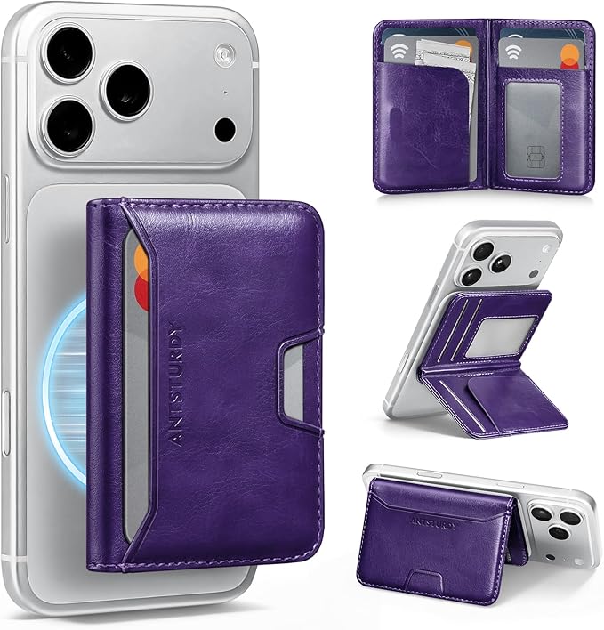 Antsturdy for Magsafe Wallet Stand with Holder,PU Leather RFID Blocking Card Holder,5 Card Slots,Strong Magnet Minimalist Flip Folio Kickstand for iPhone 17/16/15/14/13/12/Pro/Max/Plus/Air,Purple