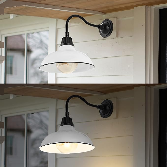 JONATHAN Y JYL7613A Aurora 12.25" 1-Light Farmhouse Industrial Indoor/Outdoor Iron LED Gooseneck Arm Outdoor Sconce Metal Bowl Shade Vintage Cottage Rustic Porch Patio Yard Barn, White