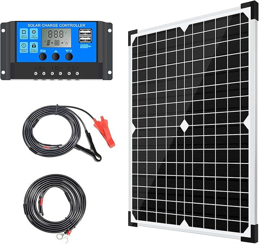 Solar Panel Kit 20W 12V Monocrystalline,Battery Maintainer +10A Solar Charge Controller + Extension Cable with Battery Clips O-Ring Terminal for RV Marine Boat Off Grid System