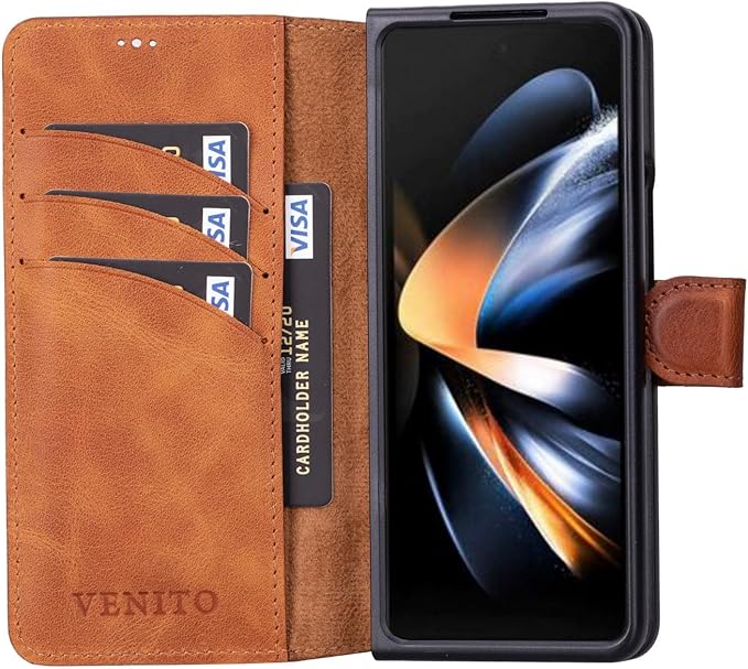 Venito Trieste for Galaxy Z Fold 4 Case Handmade, Ultimate Protection with Full Grain Leather, Premium Phone Wallet Case for Galaxy Z Fold 4, Antique Brown