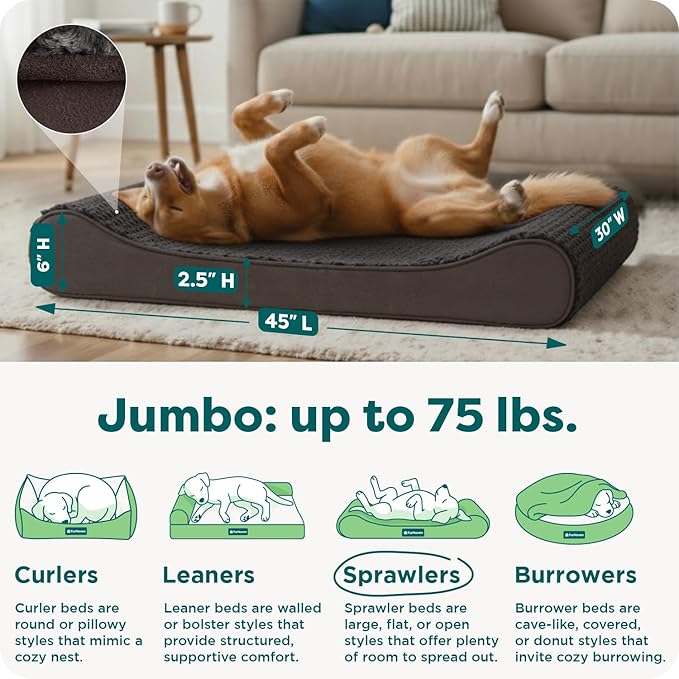 FurHaven Orthopedic Dog Bed for X-Large Dogs, Luxe Lounger Contour Mattress with Medical-Grade Solid Orthopedic Foam for Joint Support, Removable Washable Cover, Jumbo/XL, Plush Suede, Chocolate