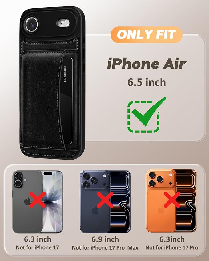 for iPhone 17 Air Case with Wallet - Fits 4 Card Slots, Compatible with MagSafe for Women Men Durable PU Leather Credit Card Holder Kickstand Phone Cover for Apple 17 Air, Black
