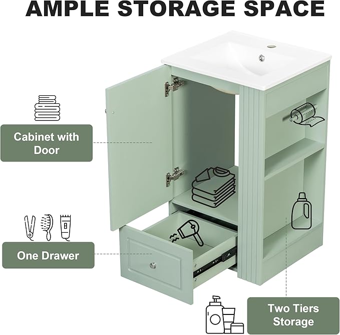 20 in Small Bathroom Vanity with Sink,Drawer,Doors and Side Storage & Toilet Paper Holder, Solid Wood & MDF Modern Single Bathroom Sink Cabinet with Drawers,Freestanding (Green,20 in)
