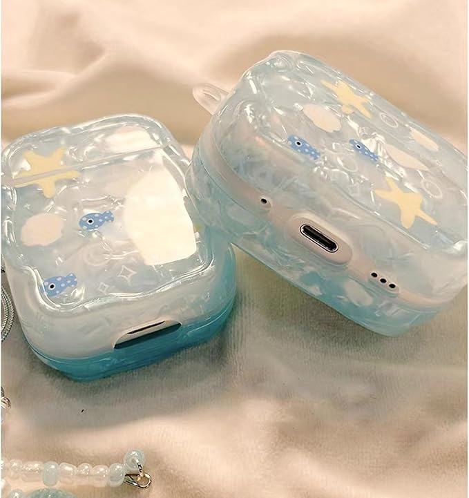 Compatible with AirPods Pro Case Protective Cute Shell Starfish Cover with Cleaner Kit Jellyfish Keychain for Girls Women for Airpods Pro 2nd/1st Generation-Blue