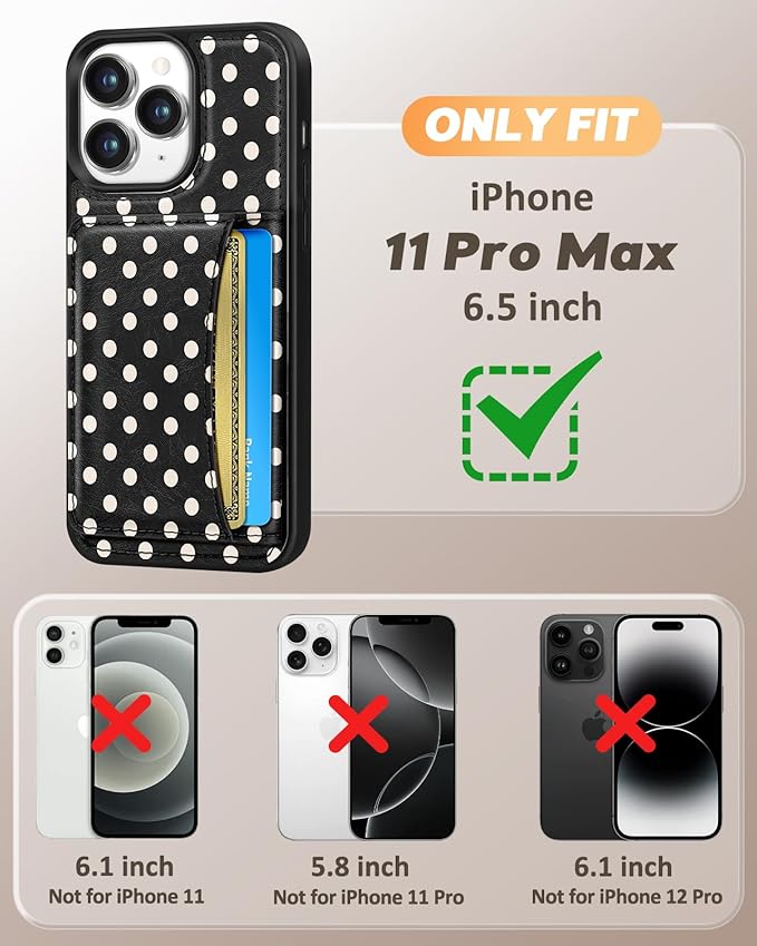 for iPhone 11 Pro Max Case with Wallet - Fits 4 Card Slots, Compatible with MagSafe for Women Aesthetic PU Leather Credit Card Holder Kickstand Phone Cover for Apple 11 Promax, Black Polka