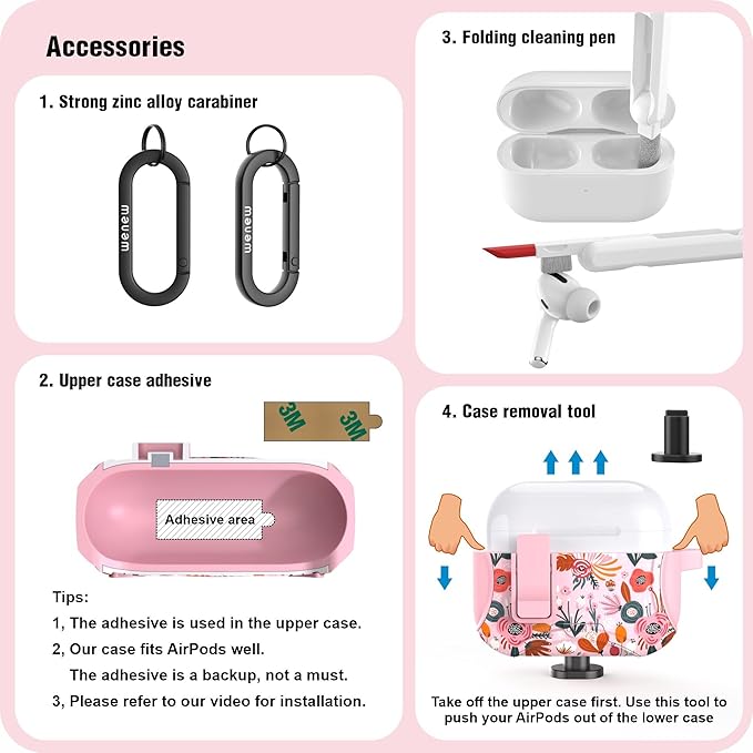 wenew Compatible with AirPods Pro 2nd/1st Generation Case Cover with Phone Stand, Cleaner, Clip, Compatible with Magsafe, One-Click Pop Open Lock iPod Pro Charging Case (Pink 1, AirPods Pro & Pro 2)