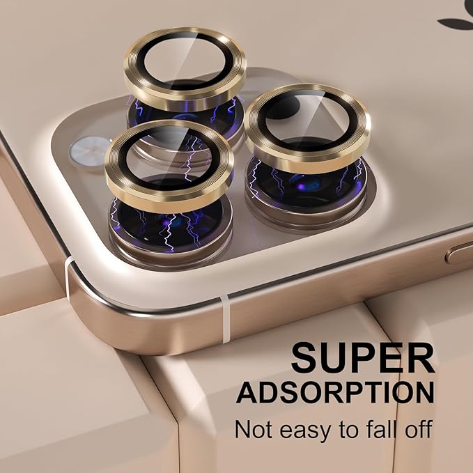 Misea Compatible for iPhone 16 Pro/iPhone 16 Pro Max Camera Lens Protector, Ultra-HD Tempered Glass Camera Cover Screen Protector Metal Individual Ring Protector Decoration Accessories, Gold