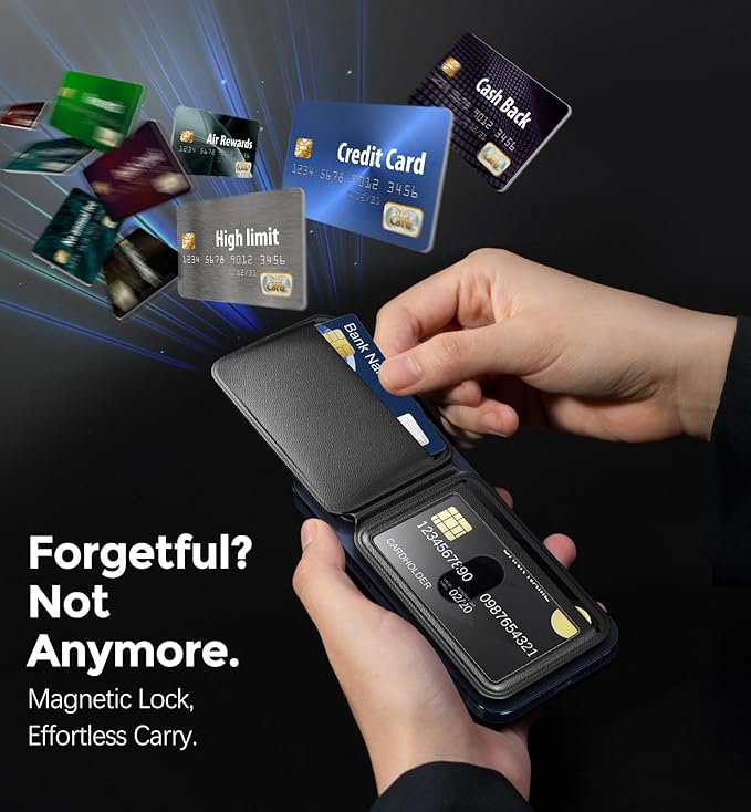 Upgraded Mag-Safe Wallet with Flap, 5 Card Holder, Magnetic Phone Wallet with Adjustable Stand, Slim for iPhone 17/16/15/14/13/12 Series, RFID Blocking, Leather - Black, Not for 13/12 Mini