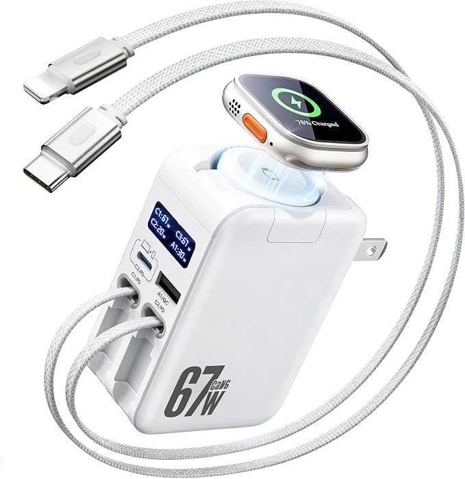 5-in-1 67W Retractable USB-C Wall Charger, for Apple Watch & iPhone & iPad