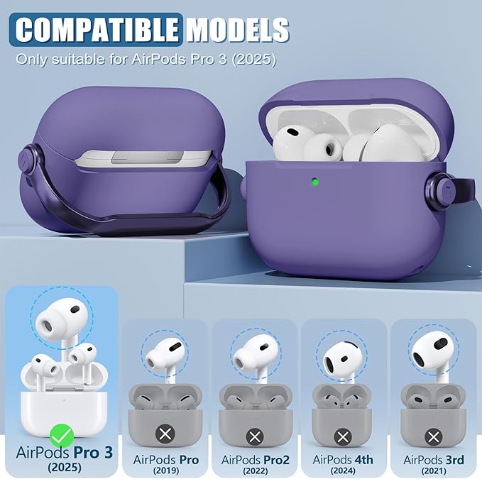 for Airpods Pro 3 Case,Safety Lock Cases for Apple Airpod Pro 3 (2025) with Cleaner Kit, Drop Protection Air pods Pro3 Case Cover for Men for Women with Keychain,Charm Purple