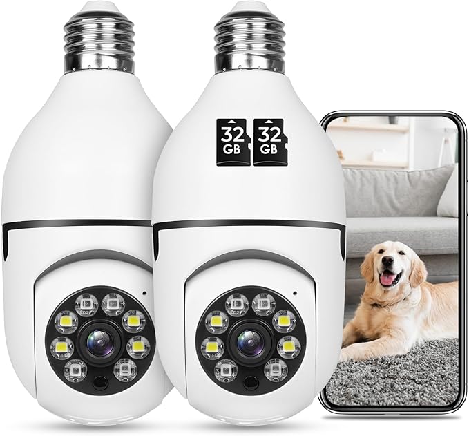UPULTRA Light Bulb Security Camera 1080P Wireless WiFi Outdoor Home IP Camera E27 360 Degree Panoramic,Motion Detection and Alarm,Two-Way Audio,Night Vision，2pack with 32GB Card