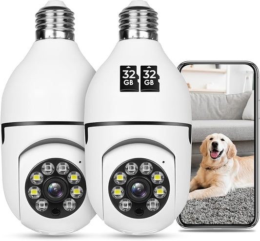UPULTRA Light Bulb Security Camera 1080P Wireless WiFi Outdoor Home IP Camera E27 360 Degree Panoramic,Motion Detection and Alarm,Two-Way Audio,Night Vision，2pack with 32GB Card