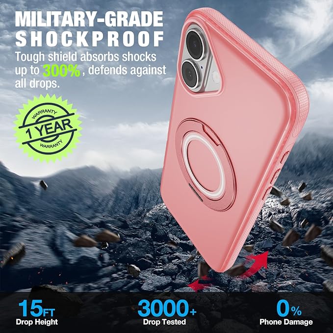 for iPhone 17 Case [Compatible with Magsafe] [15 FT Military Grade Drop Protection] with Screen Protector & Lens Protector,Shockproof Kickstand Phone Case for iPhone 17 (Pink)