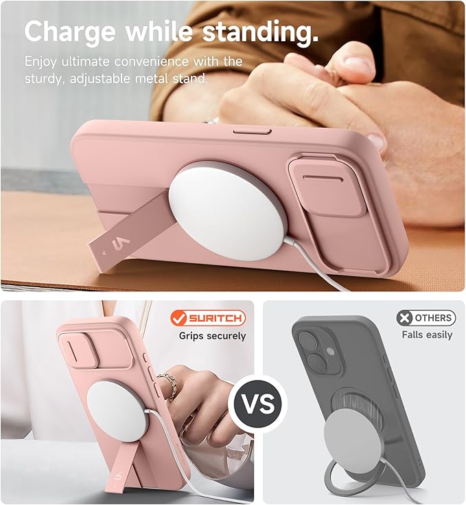 SURITCH for iPhone 17e/16e Case with Magnetic Camera Slide Cover and Adjustable Kickstand, Compatible with MagSafe, Shockproof Bumper Case Slim Protective Cover 6.1 Inch,Pink