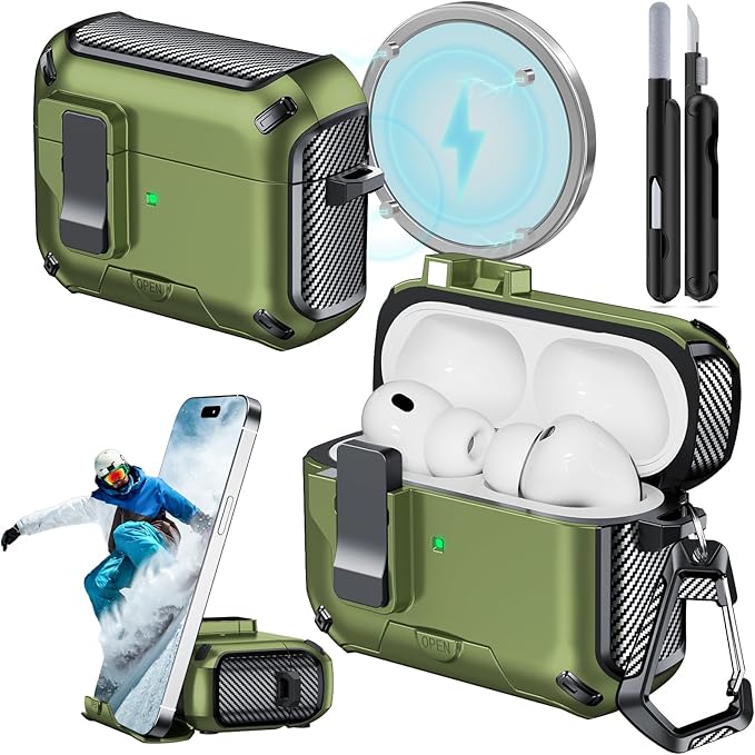 for AirPods Pro 3 Case (2025) with Phone Stand,（with Automatic Snap Switch） Carbon Fiber Design Protection Cover with Cleaning Pen,Dark Green