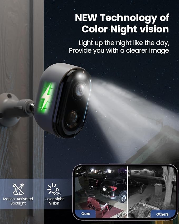 Security Cameras Wireless Outdoor, Battery Powered 2K Color Night Vision, WiFi Cameras for Home Security, AI Motion Detection,Spotlight Siren Alarm,IP66 Waterproof,2-Way Talk,SD/Cloud Storage