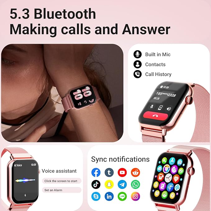 Smart Watches for Women, 1.83'' HD Fitness Tracker with Answer/Make Calls, Heart Rate/Sleep/SpO2 Monitor, 120+ Sport Modes, IP68 Waterproof, Compatible iPhone/Samsung/Android (Rose Gold)