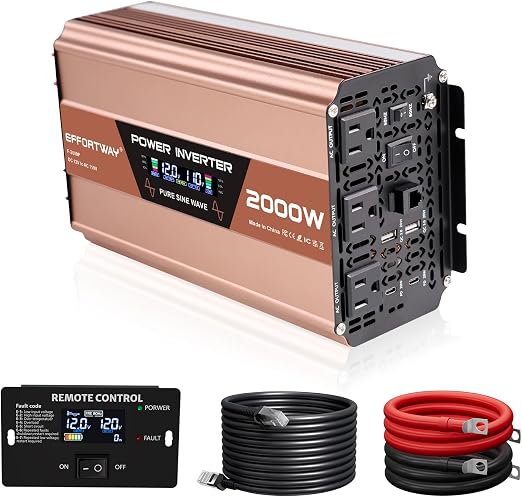 2000W Pure Sine Wave Inverter, 4000W Peak, 12V DC to 120V AC Power Inverter, LCD Display, Wired Remote Control, 3 AC Outlets, USB-C & USB-A Fast Charging for RV, Truck, Solar