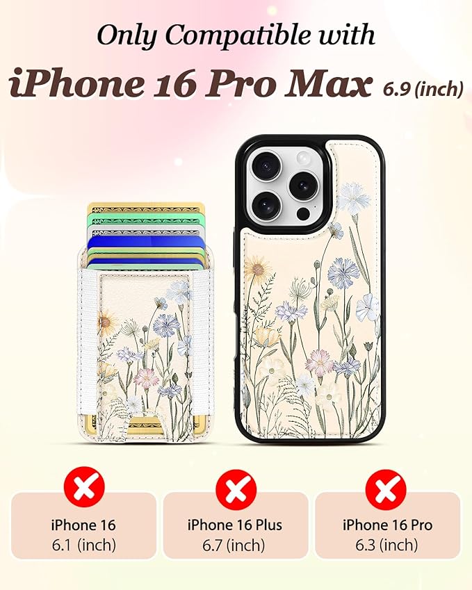 Shorogyt for iPhone 16 Pro Max Case Wallet - Fits 5 Cards, Compatible with Magsafe Magnetic Credit Card Holder Leather Cardholder Cute Phone Cover Women Girls for Apple 16 ProMax, Color Flower