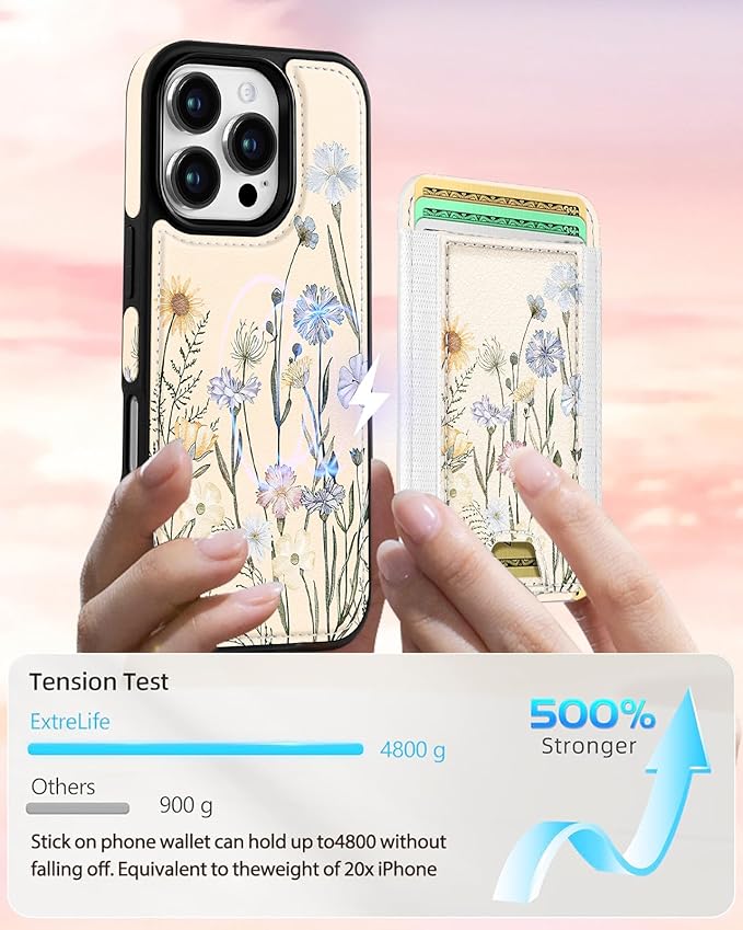 Shorogyt for iPhone 16 Pro Case Wallet - Fits 5 Cards, Compatible with Magsafe Detachable Magnetic Credit Card Holder Leather Cardholder Cute Phone Cover Women Girls for Apple 16Pro, Color Flower