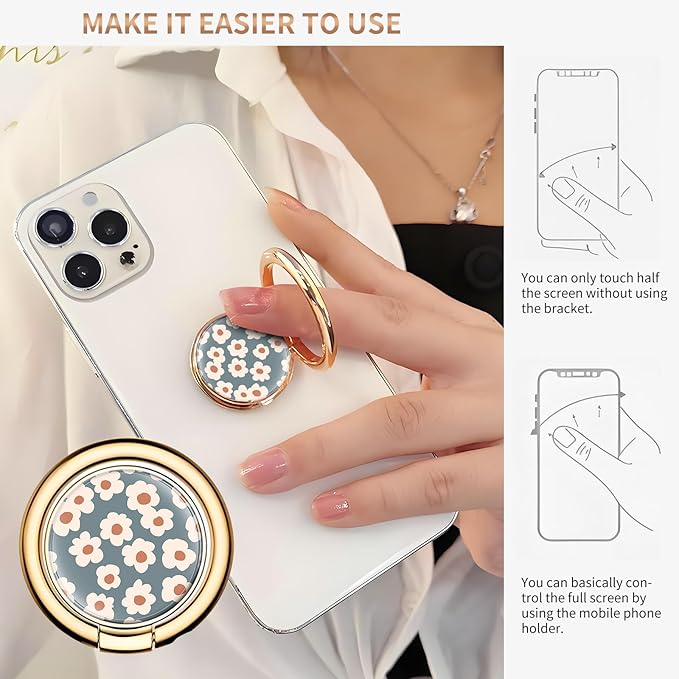 Cell Phone Ring Holder, Cute Metal Phone Grip Stand Finger Ring Kickstand, Flexible 360°Rotation Phone Tablet Case Accessories Compatible with Most Phones Grey Small Flowers